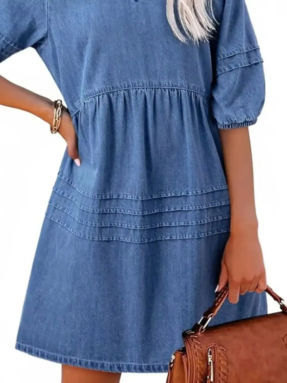 Denim V Neck Puff Sleeve Mini Dress