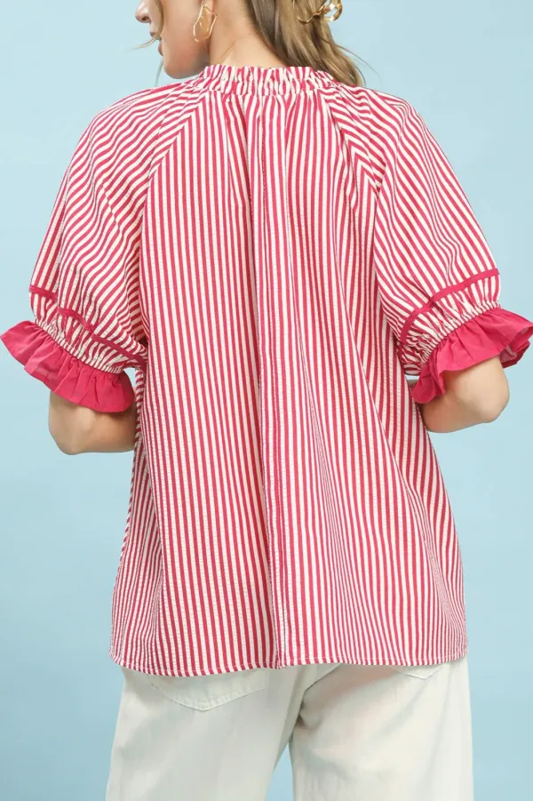 Modern Stripe Ruffle Sleeve Split-Neck Blouse