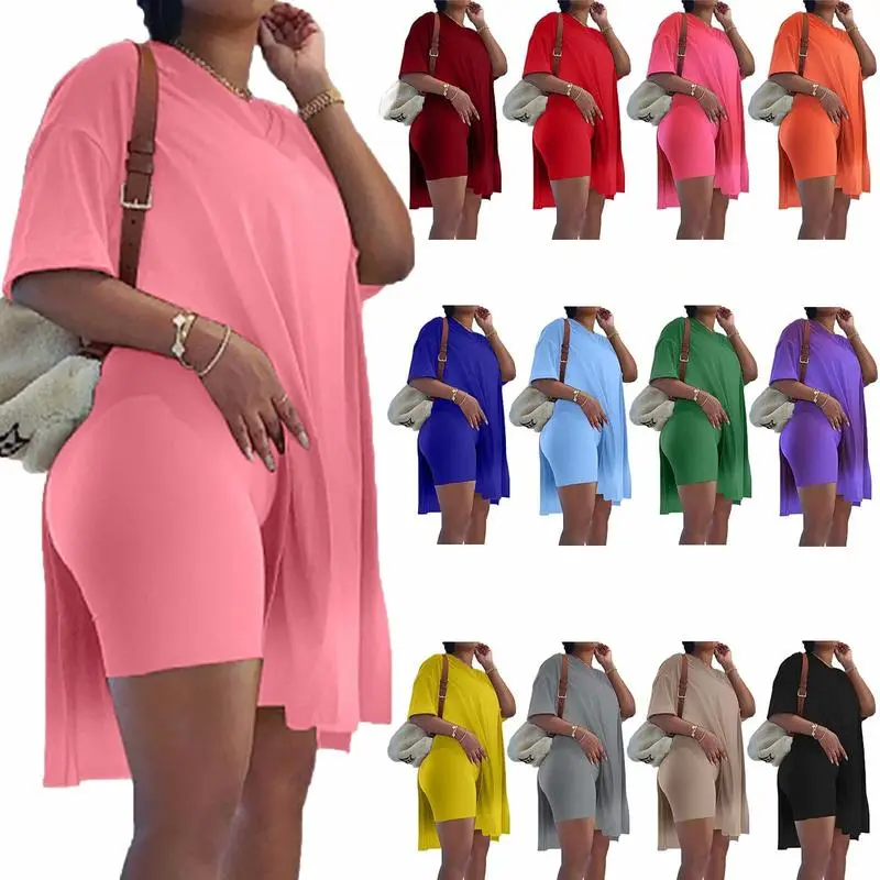 Women Plus Size 2 Piece Outfits Short Sleeve Tunic Tops And Skinny Biker Shorts Sets Tracksuits Womenswear Bodycon Split Hem Lounge