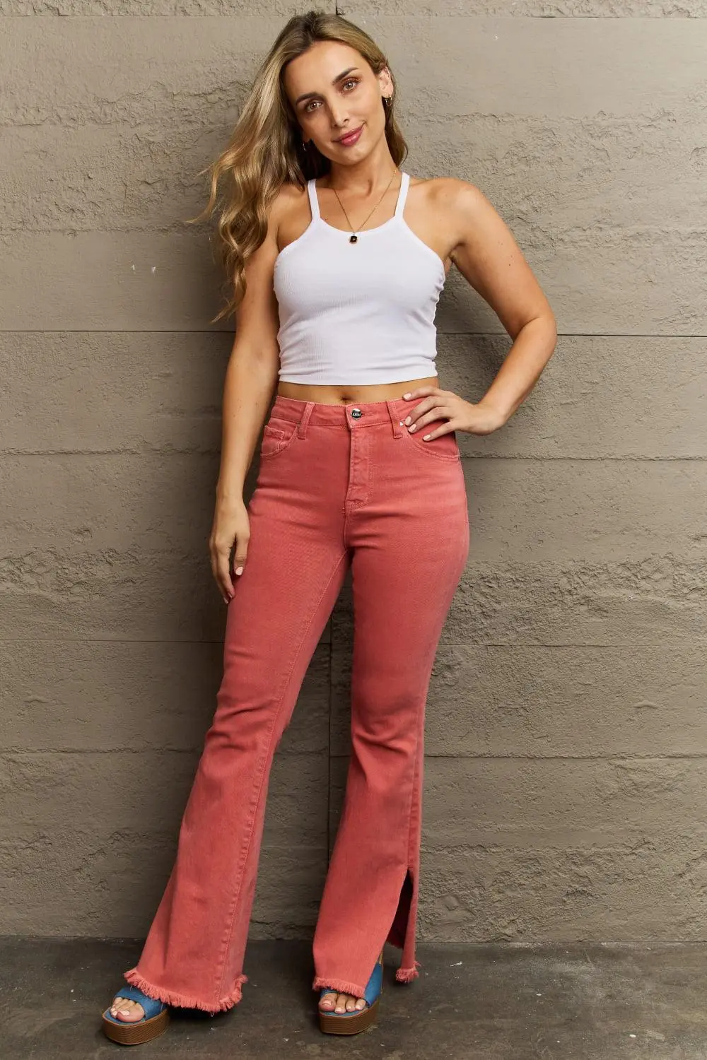 Smooth High Waist Flare Leg Slit Denim Jeans