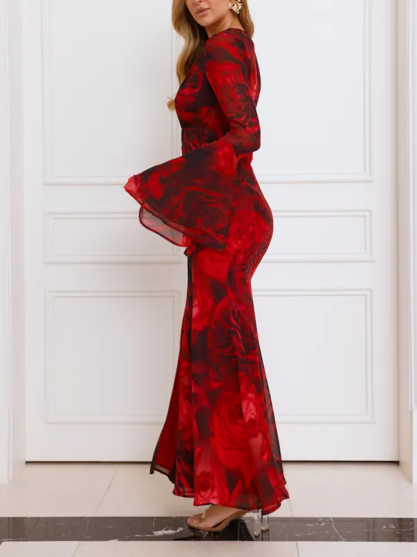 Slit Flower Long Sleeve Dress