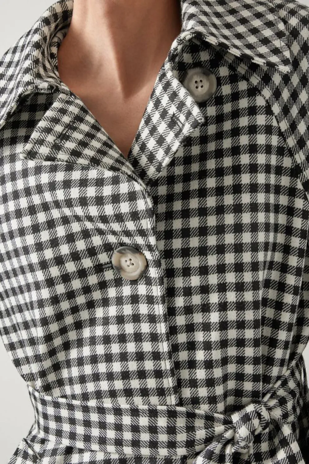 Black Cream Checkered Belted Long Coat