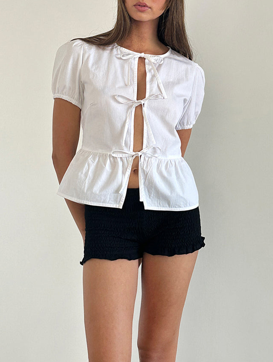 Tie Front Blouse In White With White Binding