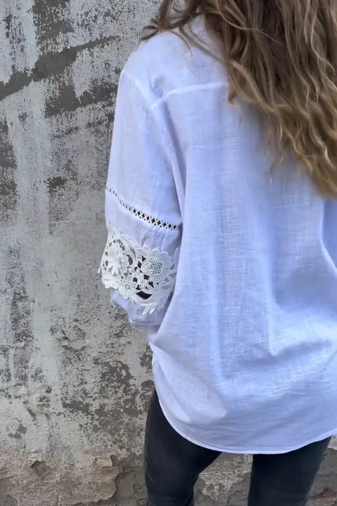 5PACK-Women'S Lace Stitching Cotton And Linen Shirt