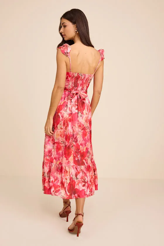 Sweet Like Sangria Pink Floral Ruffled Bustier Midi Dress