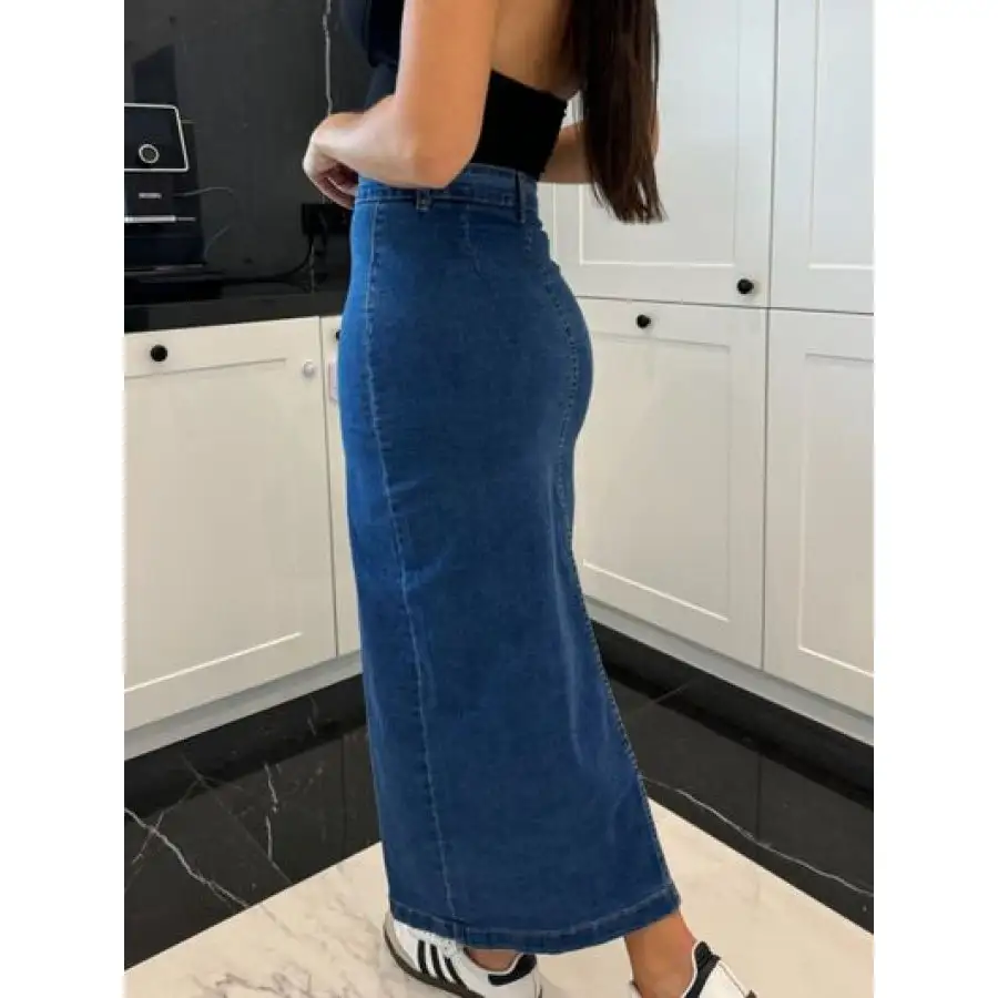 Front Button Slit Midi Denim Skirt