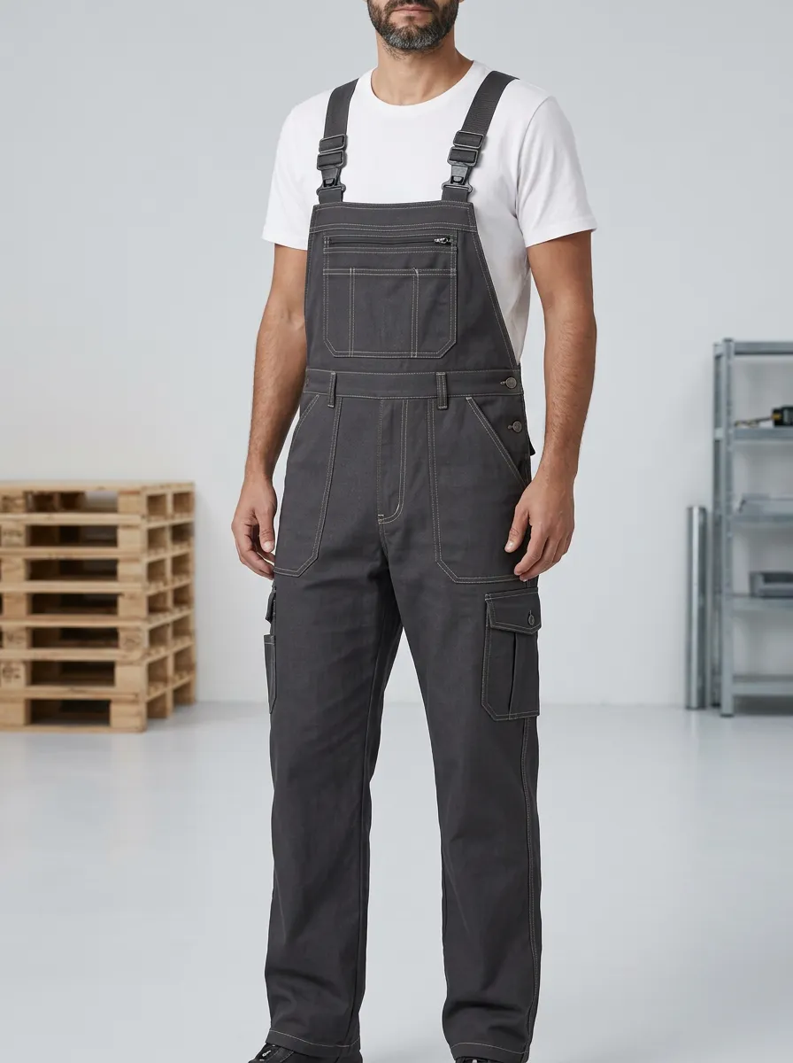 Men's Multi-Pocket Contrast Stitch Bib Work Overalls