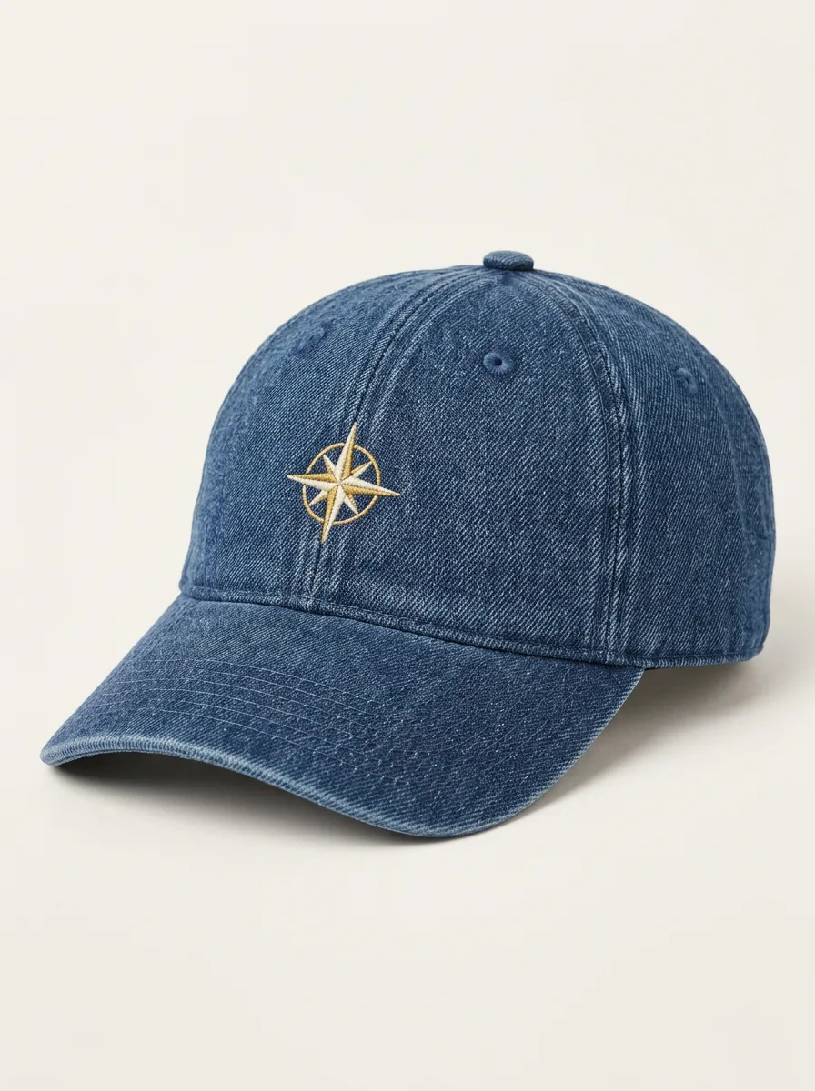 Nature Trail Denim Baseball Cap with Compass and Star Embroidered