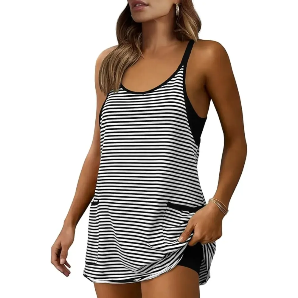 Women's Summer Athletic Mini Dress Sleeveless V Neck Built-in Shorts