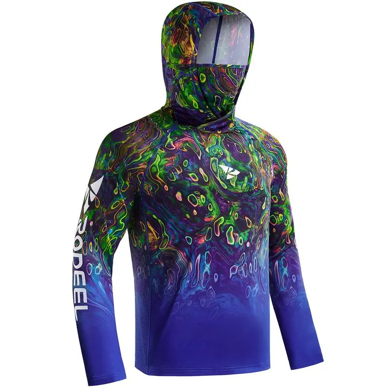 Men UPF 50+ UV Sun Hoodie Shirts with Mask Neck Gaiter  Protection Raglan Long Sleeve Lightweight Quick Dry Moisture Wicking Breathable Cooling Athletic Activewear
