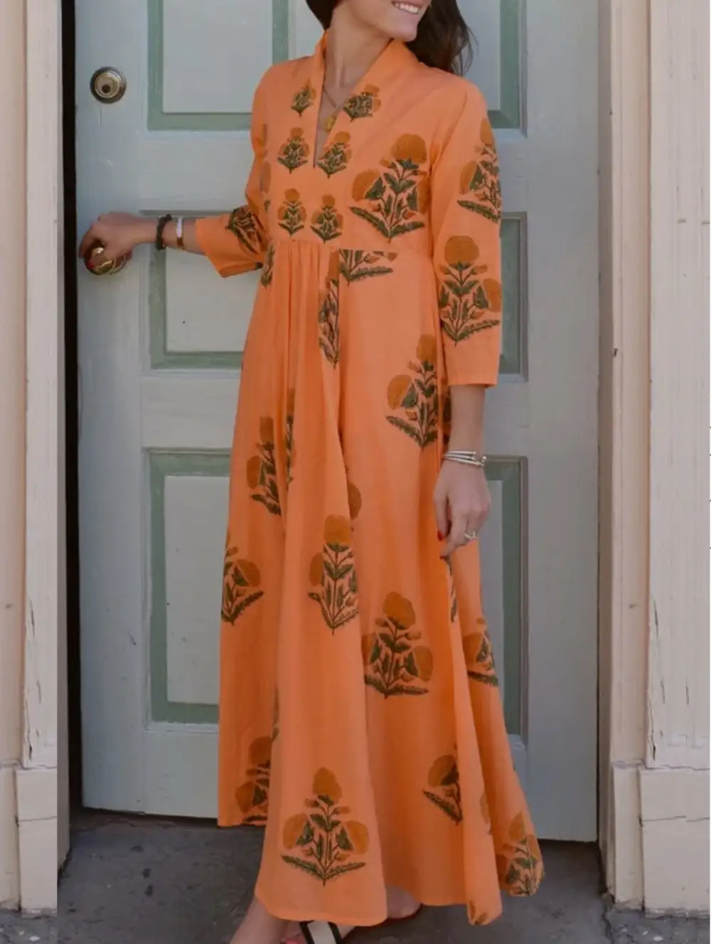 V-Neck Floral Print Three-Quarter Sleeve Dress
