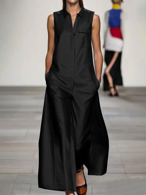 Losse Mouwloze Zakken Effen Kleur Revers Jumpsuits