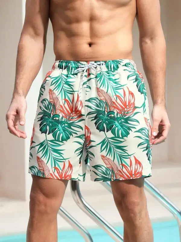 Men's Tropical Allover Print Drawstring Swim Trunks
