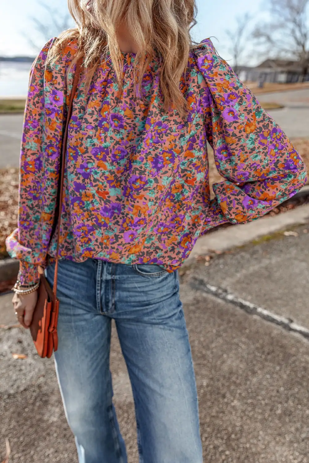 Floral Allover Print Shirred Cuff Frilled Crew Neck Blouse