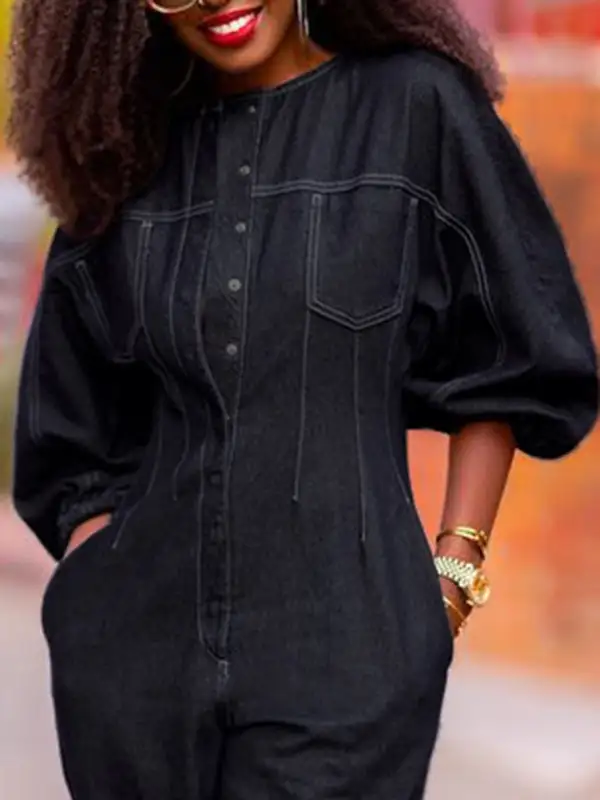 Jumpsuits Met Pofmouwen Splitverbinding En Ronde Hals