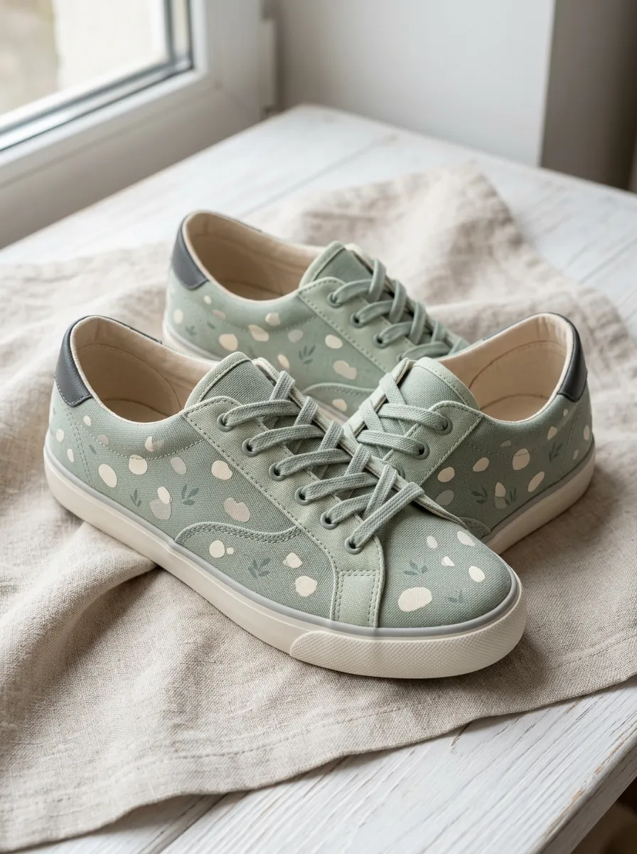 Women's Sage Green Botanical Polka Dot Printed Canvas Shoes