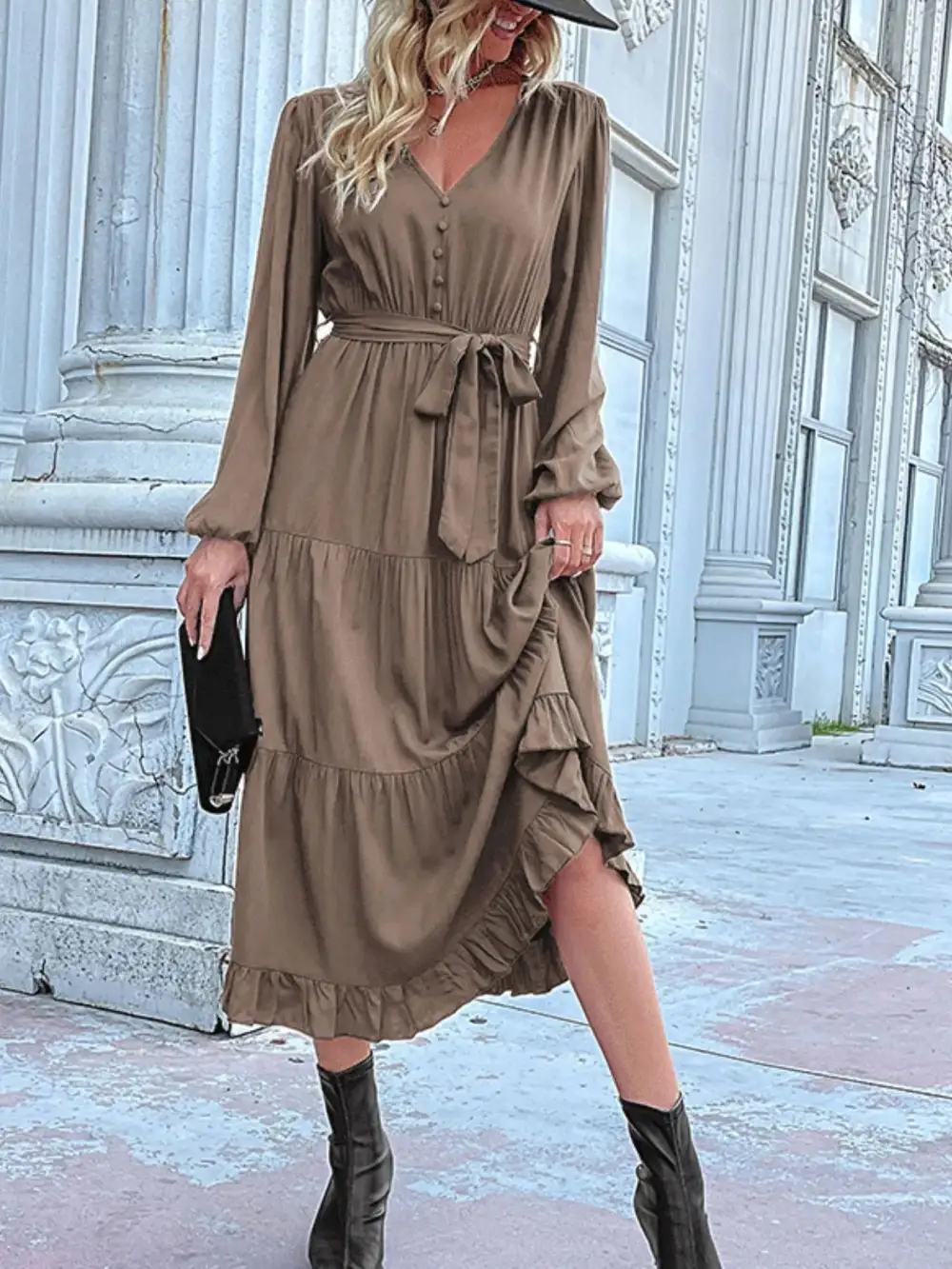 Smooth Finish V Neck Ruffle Dress
