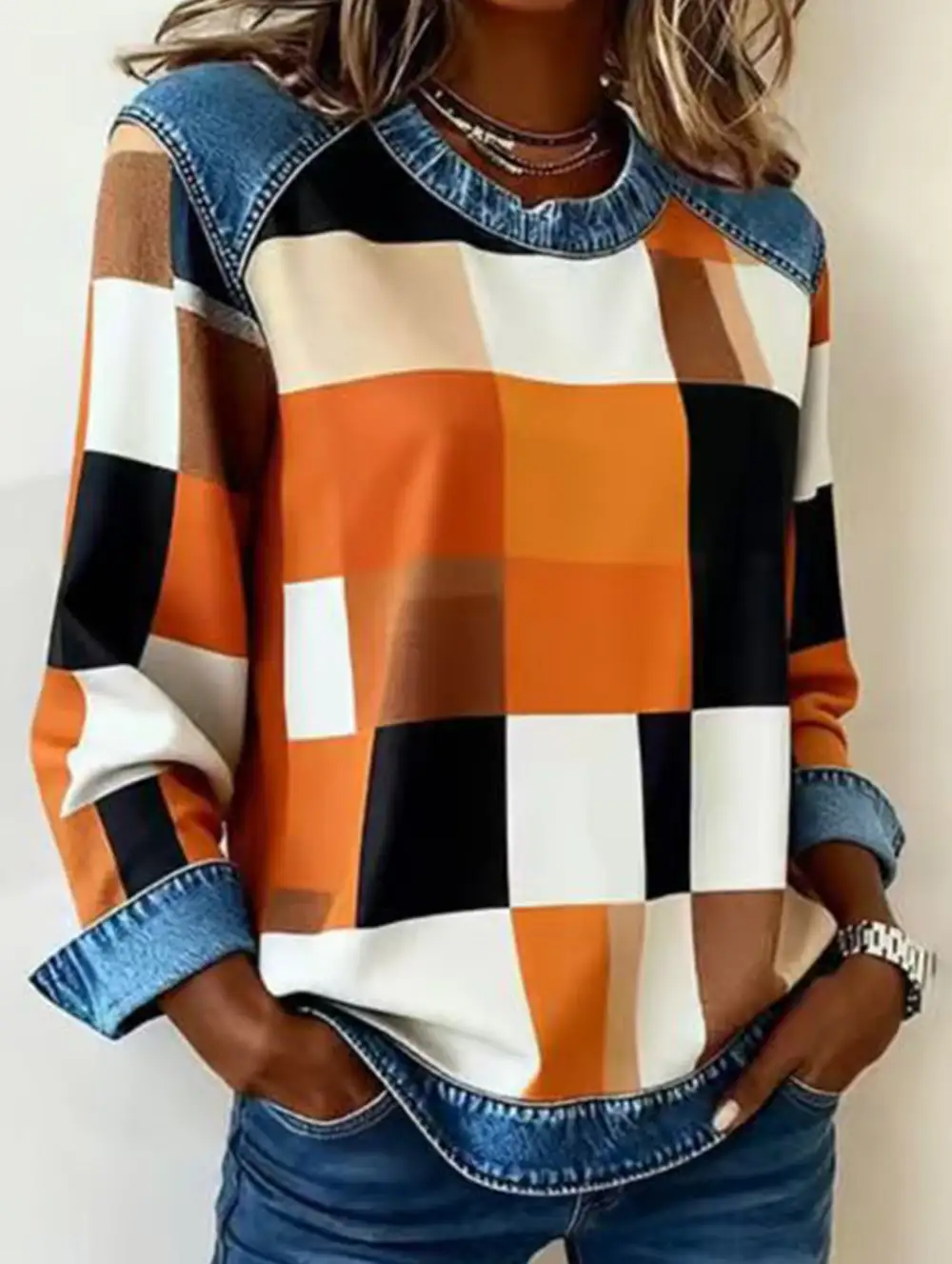 Retro Plaid Crew Sweatshirt