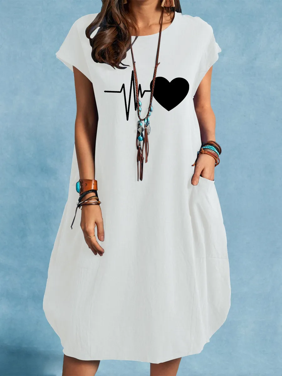 Casual Loose Heart Print Pocket Crew Neck Short Sleeve Midi Dress