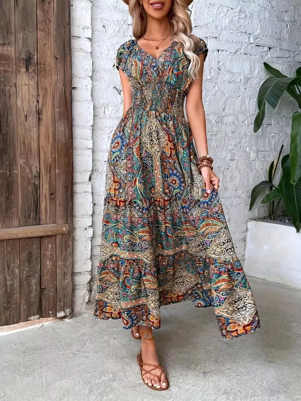 Lightweight Feel Printed V Neck Dress