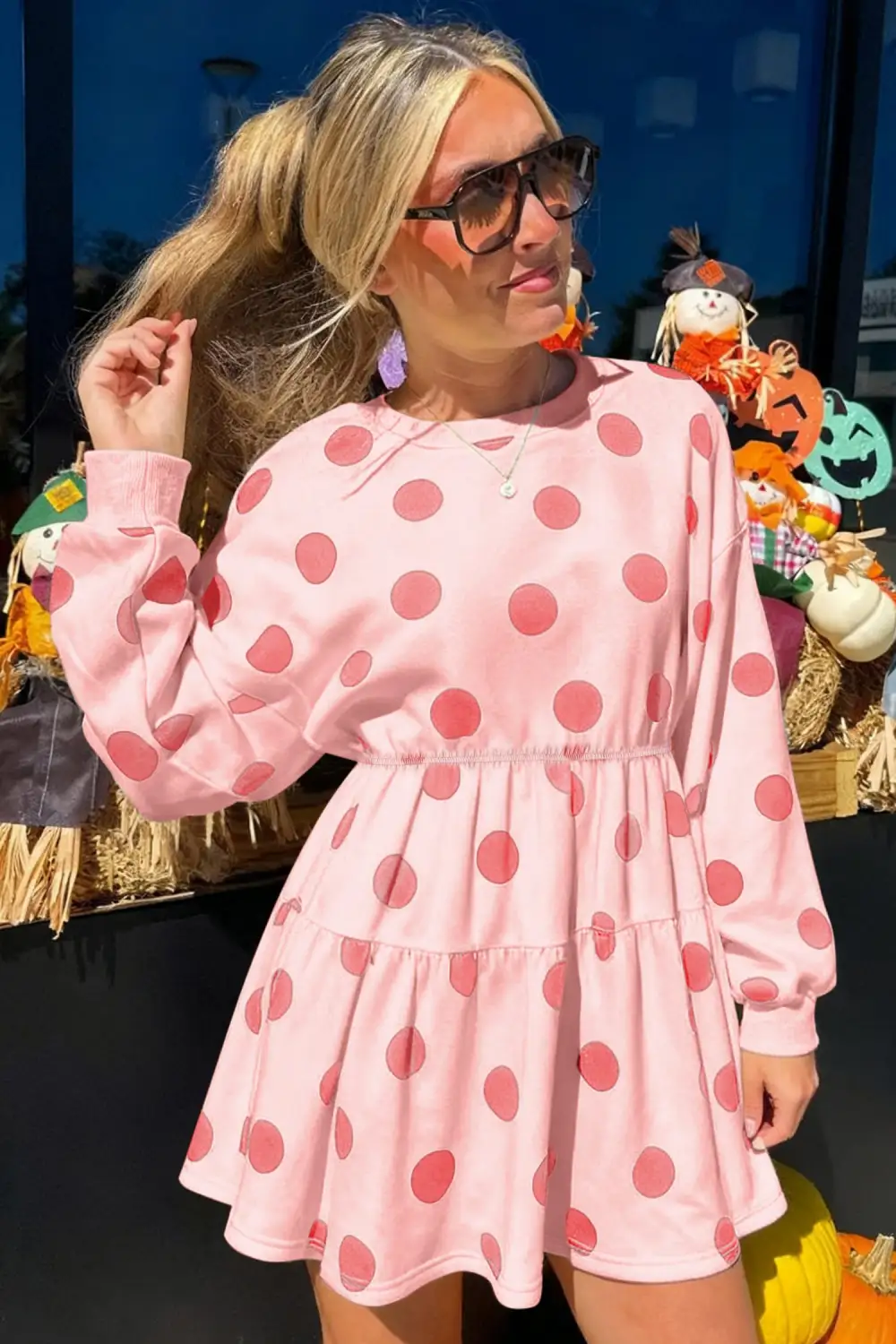 Polka Dot Printed Long Sleeve Mini Dress