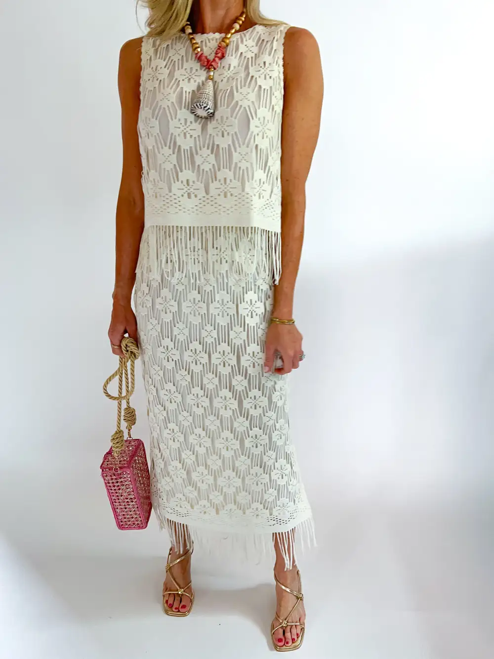 Crochet Fringe Maxi Top And Skirt Set