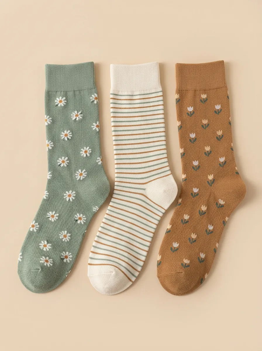 Casual Daisy Tulip Striped Three Pair Sock Set