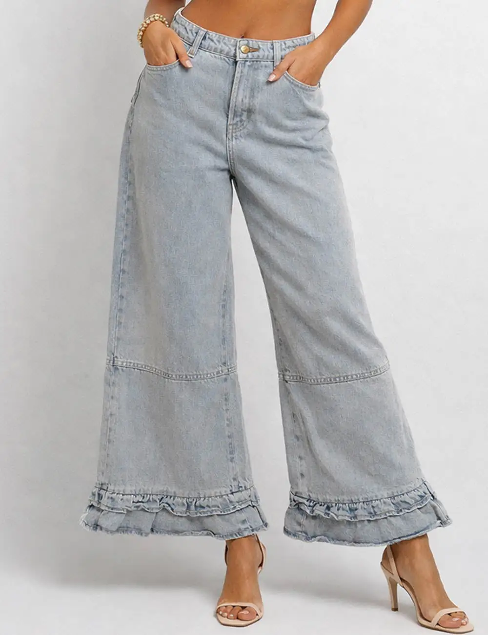 Ruffle Hem Jeans Elastic Waist Wide Leg Denim Pants