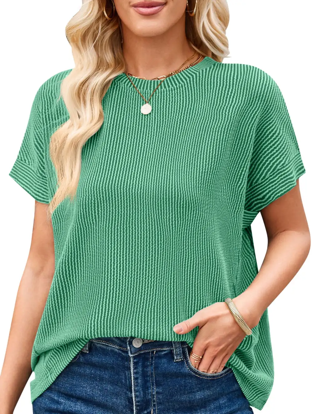 Ribbed Knit Crew Neck Tee