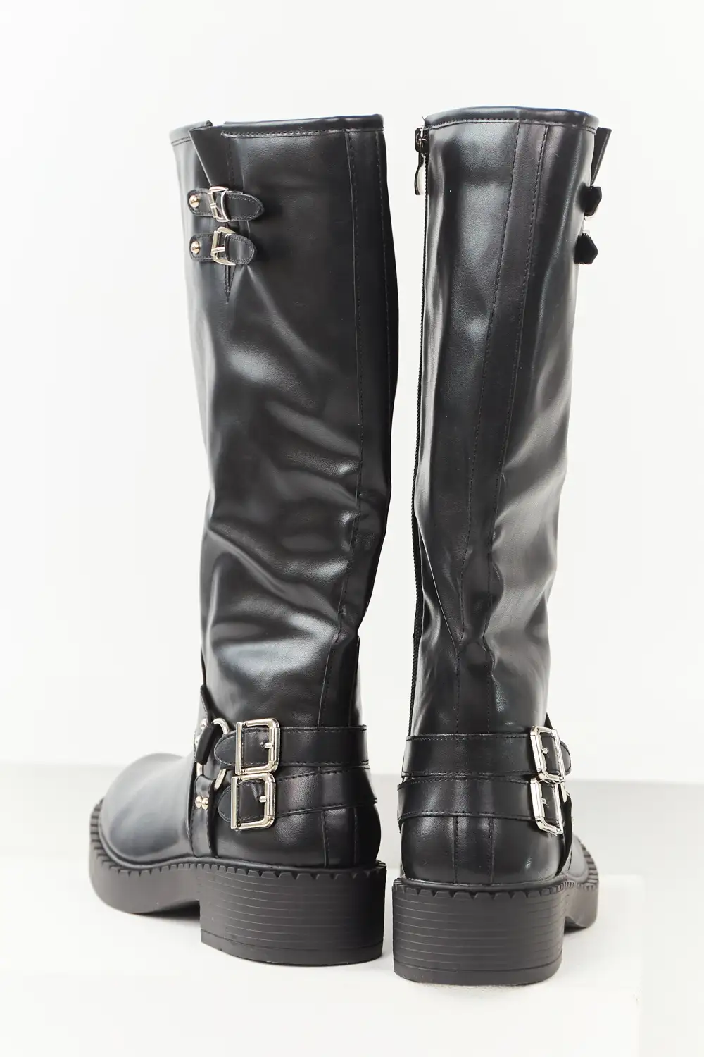 Black Faux Leather Buckle Detail Tall Boots