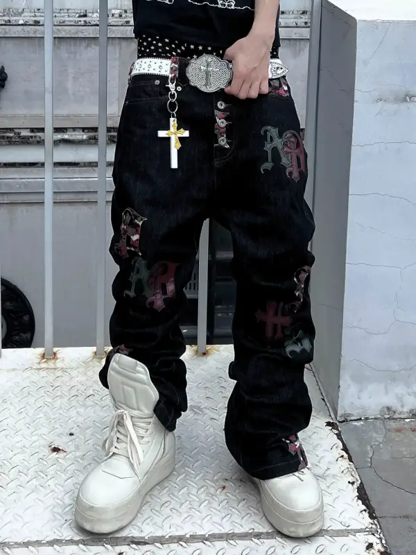 Straight-Leg Embroidered Graphic-Print Jeans