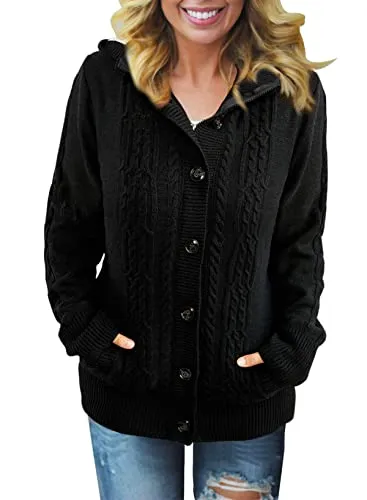 Women Hooded Knit Cardigans Button Cable Sweater Coat