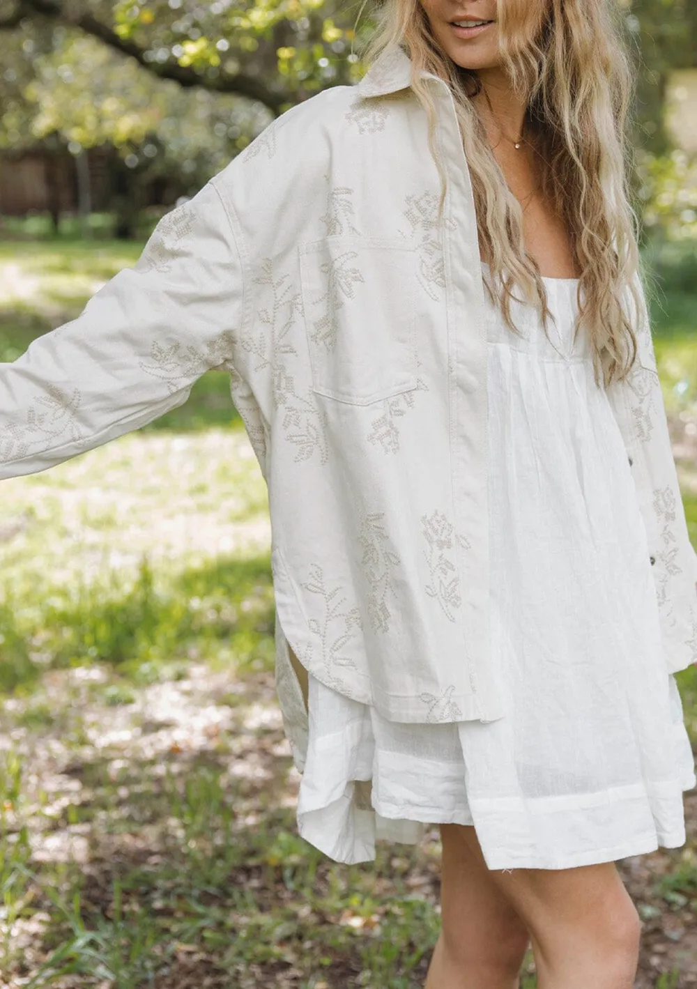 Embroidered Snap Down Drop Shoulder Jacket