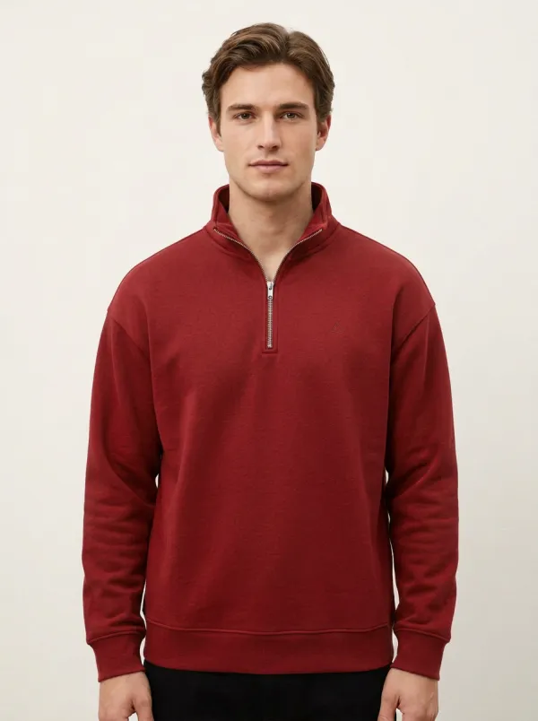 Men's Contemporary Minimalist Textured Embroidered Emblem Stand-Collar Quarter-Zip Sweatshirt