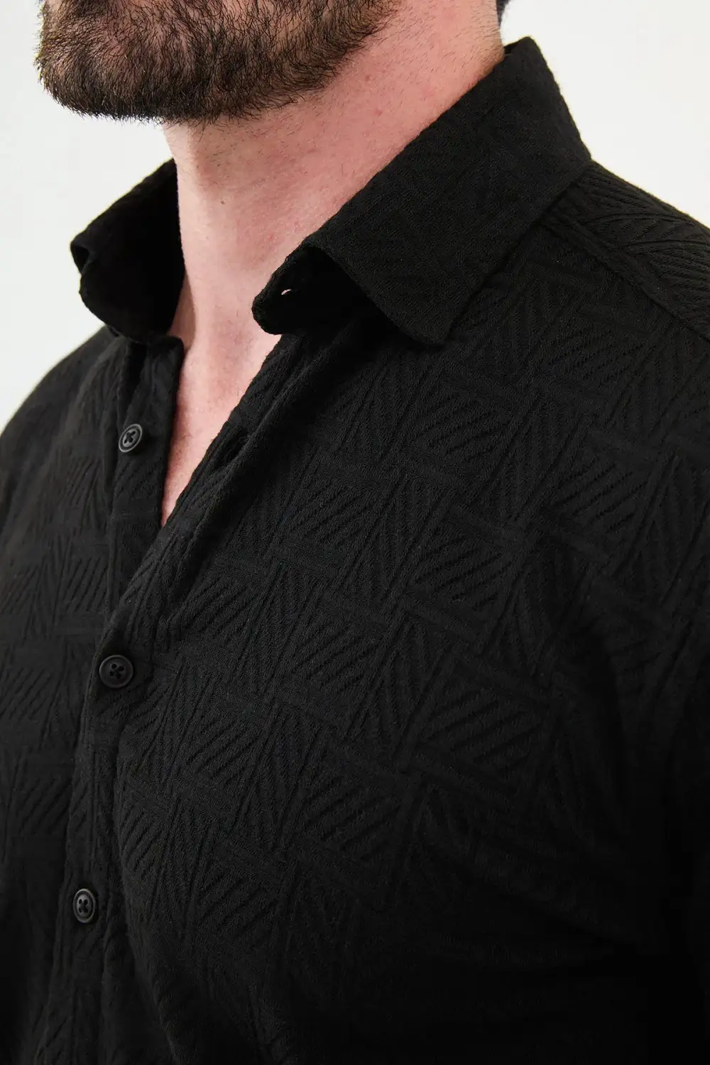 Textured Hidden Button Slim Cotton Shirt