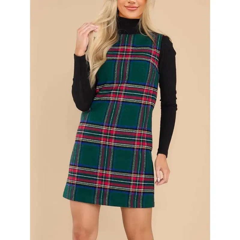 🔥Last Day 49% Offer-Women's Plaid Christmas Dress Mini Sleeveless Round Neck A Line Short Xmas Party Dresses