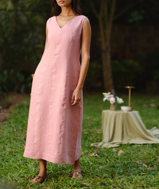 Dusty Pink Linen V-Neck Midi Dress