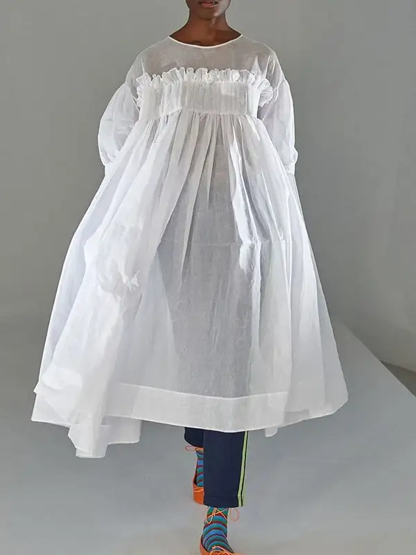 A-Line Long Sleeves Mesh Pleated Pockets See-Through Split-Joint Round-Neck Midi Dress