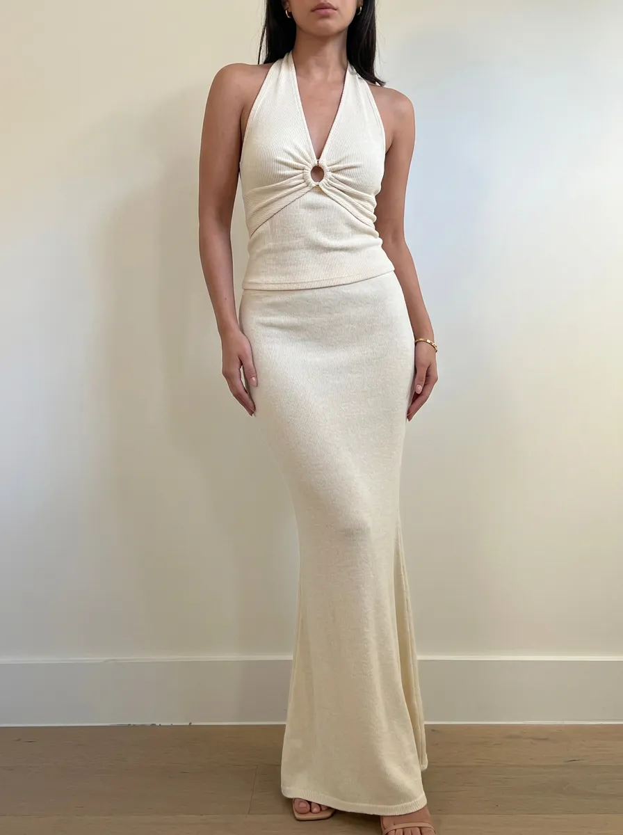Women's Sexy Cream Ribbed Halter Neck O-Ring Maxi Skirt Set