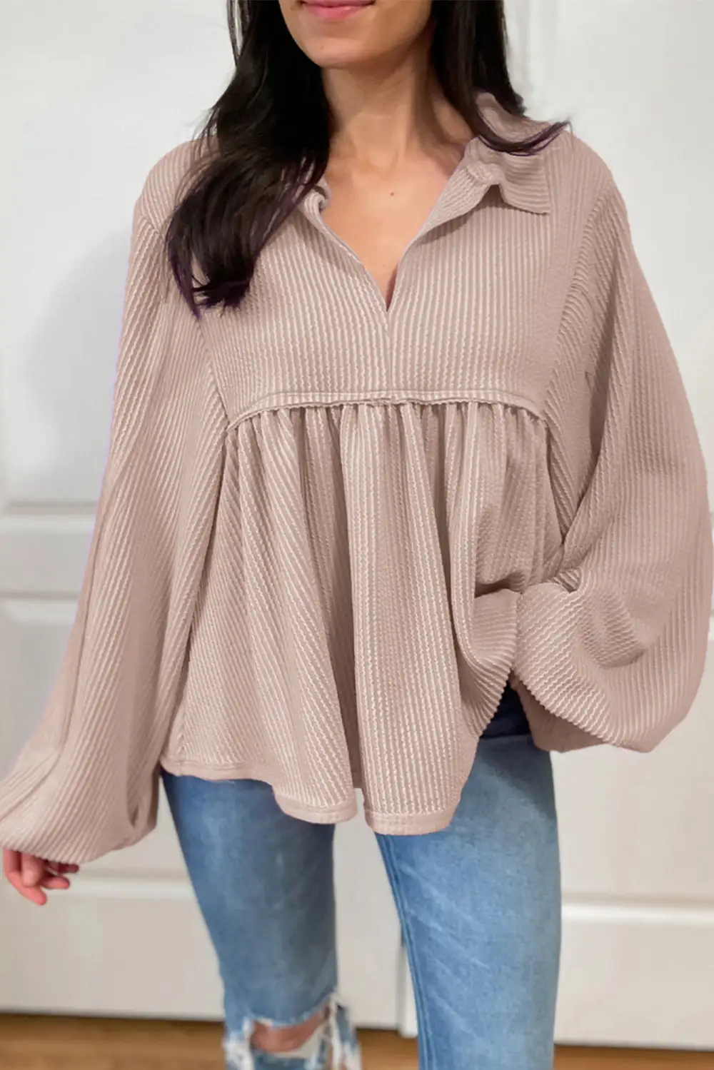 Classic Corded Turn Down V Neck Bubble Sleeve Babydoll Blouse