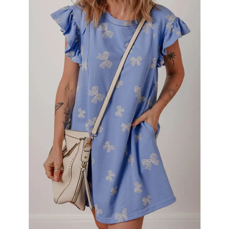 Bow Knot Crewneck Ruffled Sleeve Shift Mini Dress