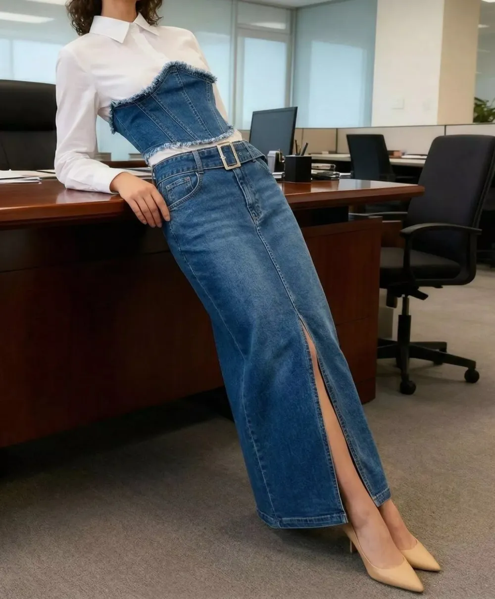Frayed Denim Patchwork Top and Slit Maxi Skirt Denim Set