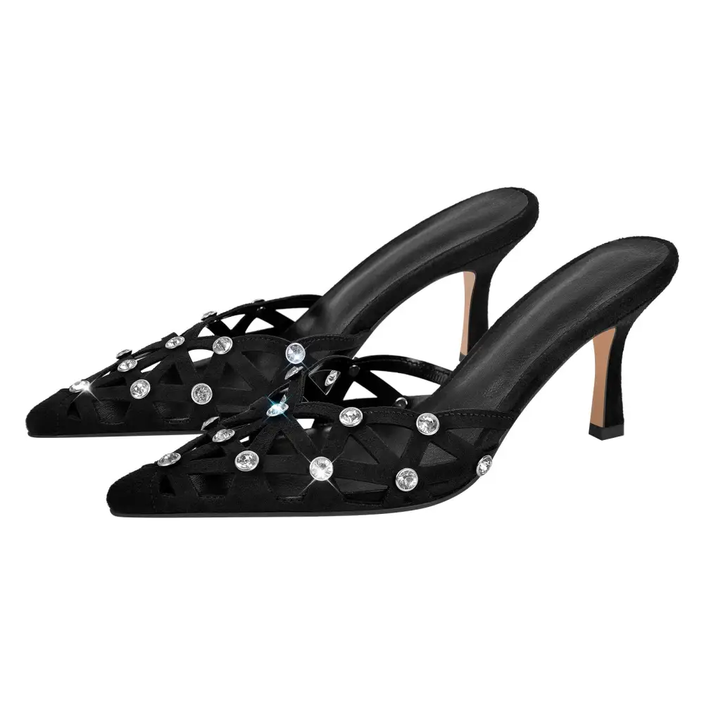 Rhinestone Pointed Toe Hollow Mule Sandals