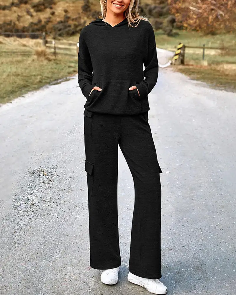 Casual Two-Piece Cargo Sweatsuit Set Hoodie and Pants