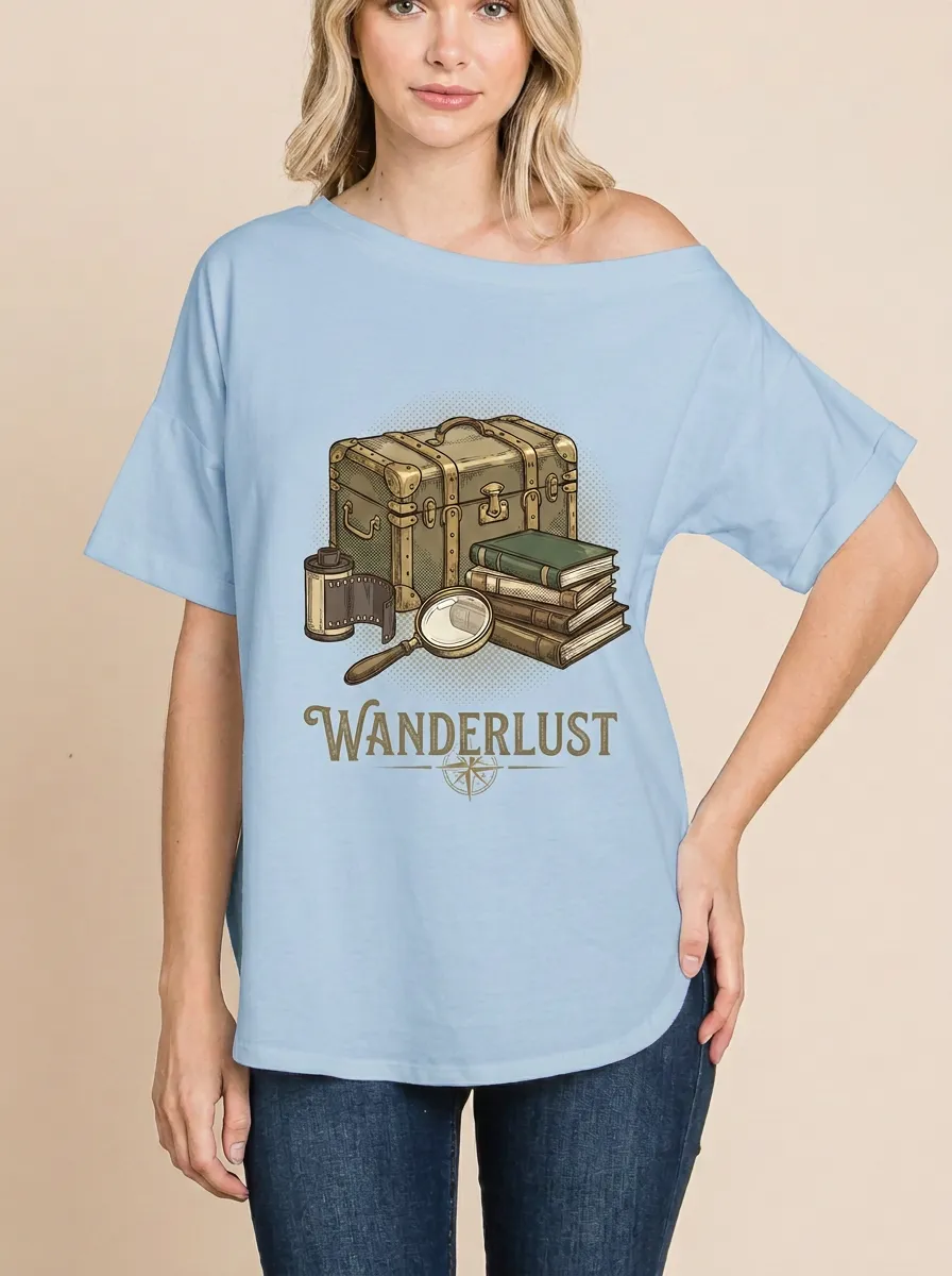 Women's Wanderlust Travel Lover Suitcase Books Printed T-shirt