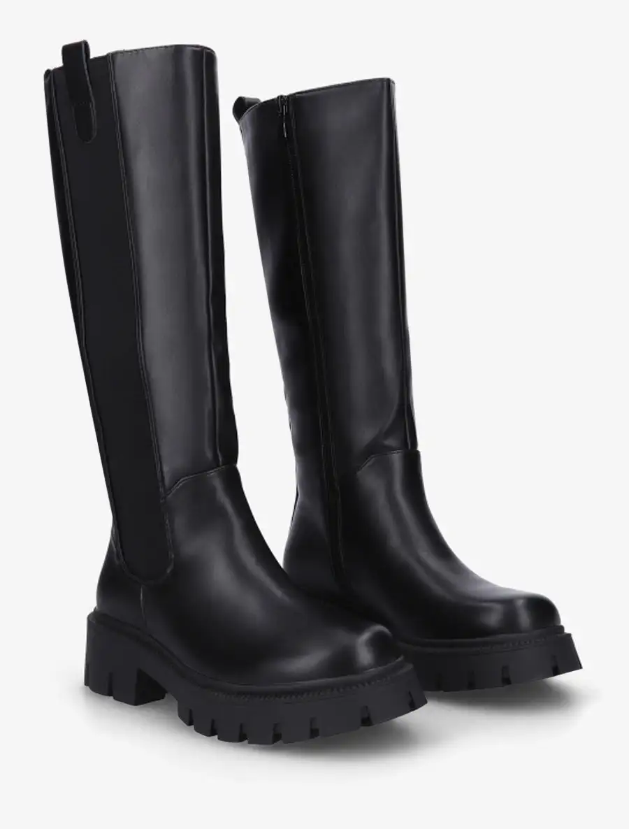 Urban Stretch Panel Block Heel Faux Leather Knee High Boots