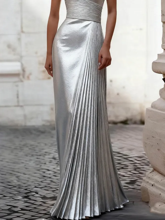 Metallic Halter Neck Pleated Maxi Dress