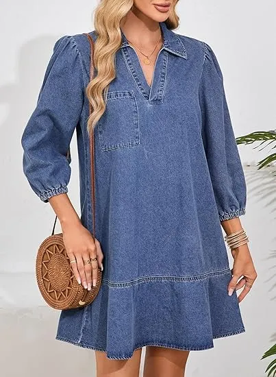 Women Fashion Fall Casual Babydoll 2025 V Neck 3/4 Puff Sleeve Jean Dresses