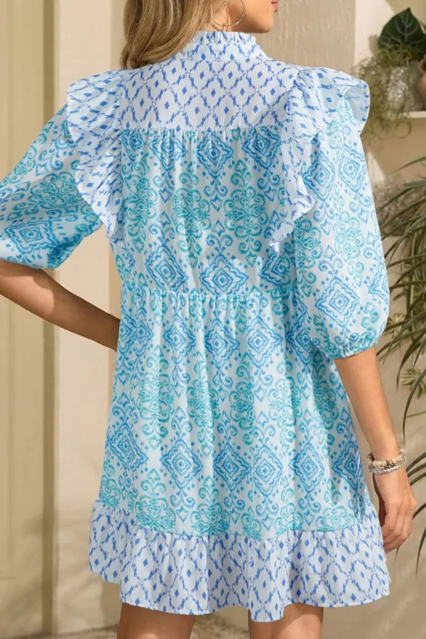 Floral Geometric Print Ruffle Mini Dress