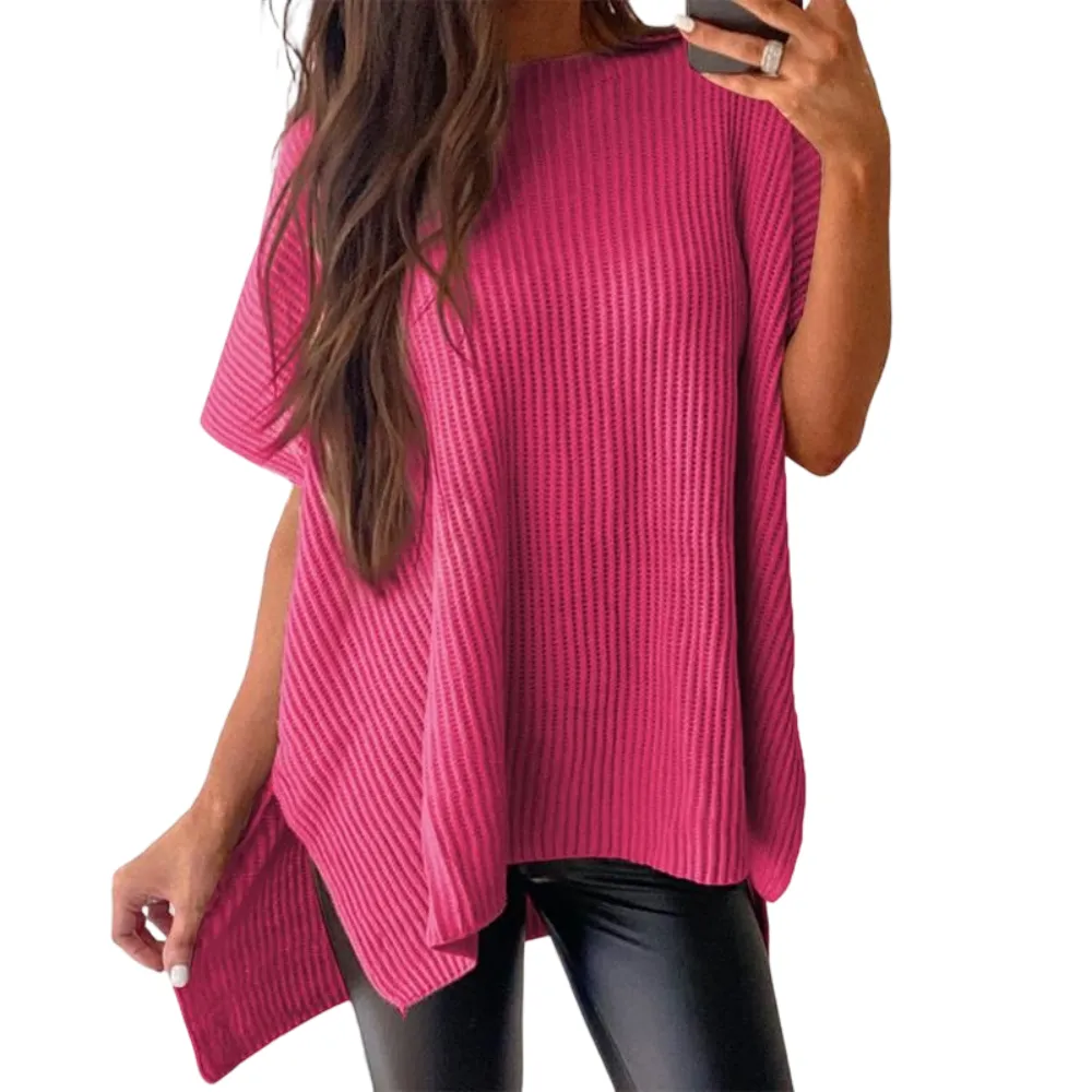 2025 Fall Clothing Women's Oversized Knit Top, Casual Crew Neck Drop Shoulder Loose Fit Short Sleeve Pullover Sweater with Side Slit